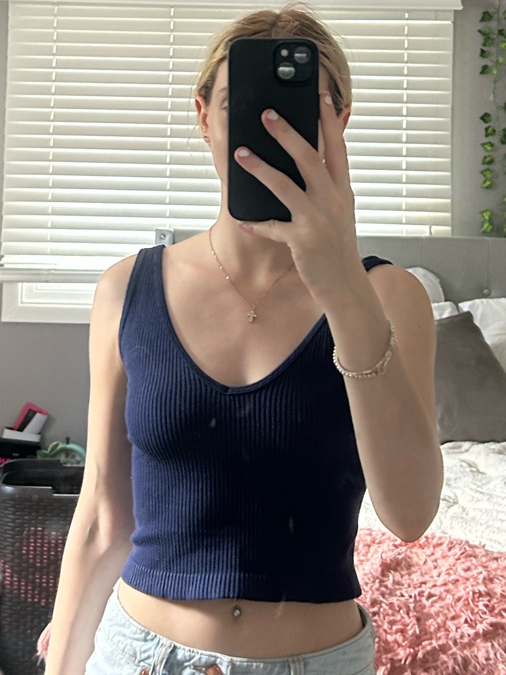 Ribbed V-Neck Crop Tank Top - Blue